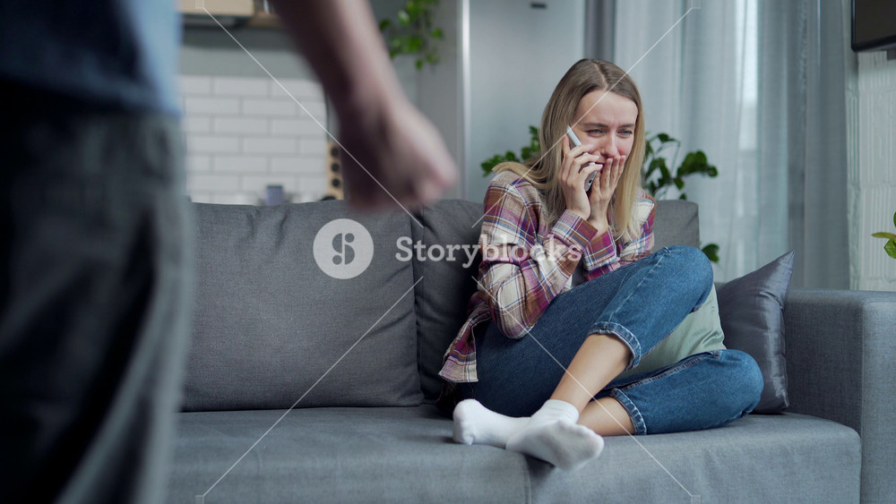 Domestic Family violence, man fight woman quarrel. angry husband shouting and beating wife crying sitting on sofa. fighting couple quarreling conflict at home. call phone support helpline, hotline