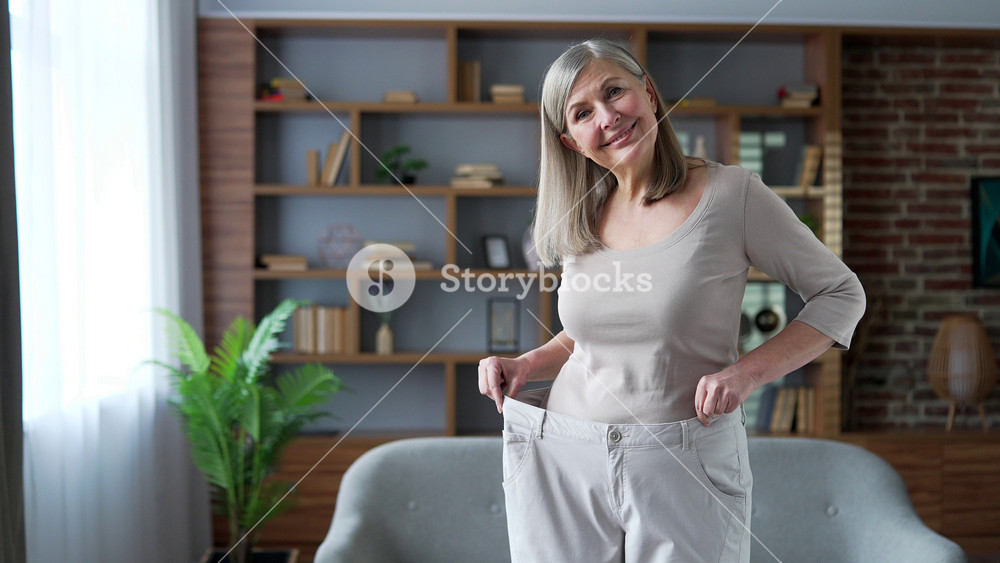 Happy senior gray haired female feels joy after losing weight. Smiling satisfied middle aged woman tries on her big pants, which she wore before standing in living room at home looking at the camera