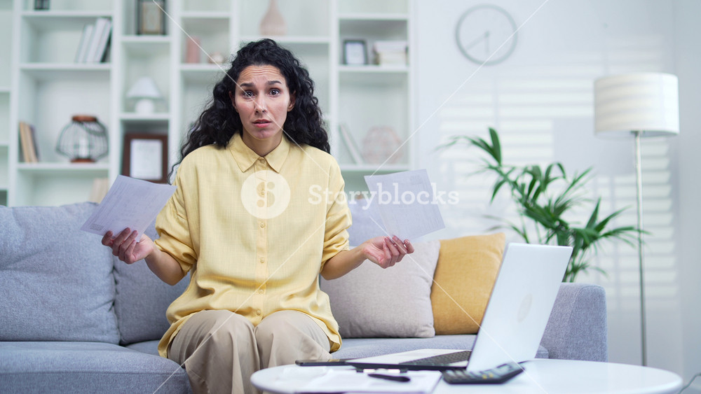 Frustrated shocked woman looking at large utility bills sitting on the sofa in the room at home. Upset female holding a paycheck, thinking about problems in the household budget and financial expenses