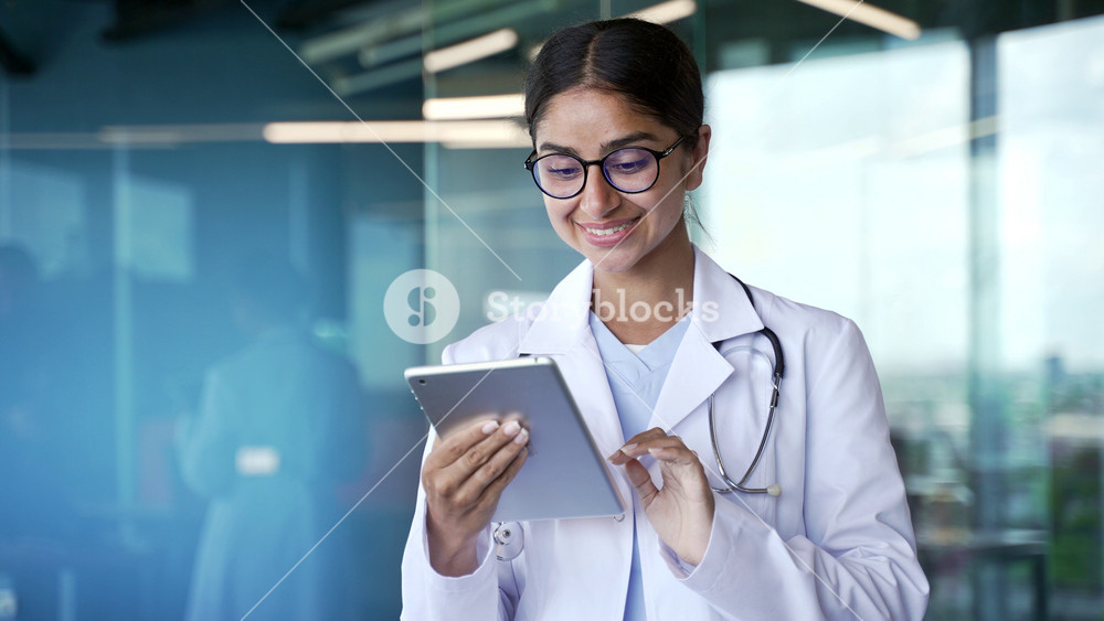 Close-up of focused young female doctor in white coat and glasses using digital tablet in modern hospital. Concentrated medical professional standing and working with patient data or medical records.