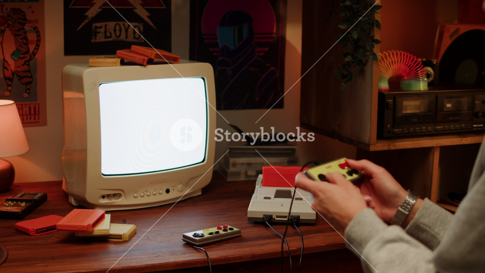 Vintage tv chroma key green screen with Old TV Game Console with ROM Cartridge with TV, Vintage Gamer Room Joystick and Retro TV, Man Player