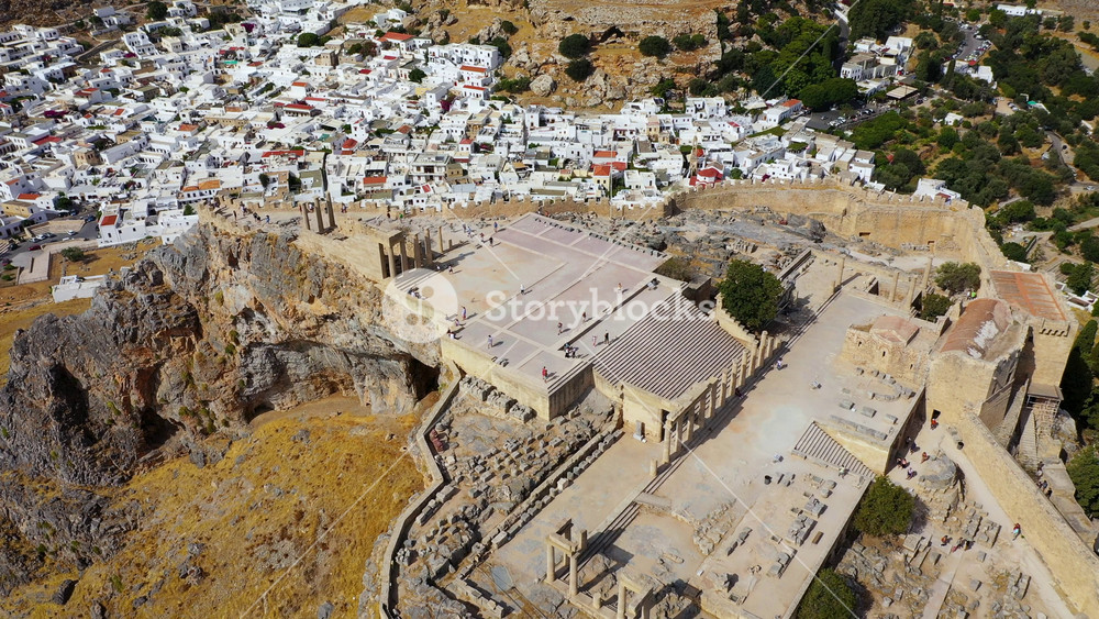 Ruins of Acropolis of Lindos view from above, Rhodes, Dodecanese Islands, Greek Islands, Greece. Acropolis of Lindos, ancient architecture of Rhodes, Greece.