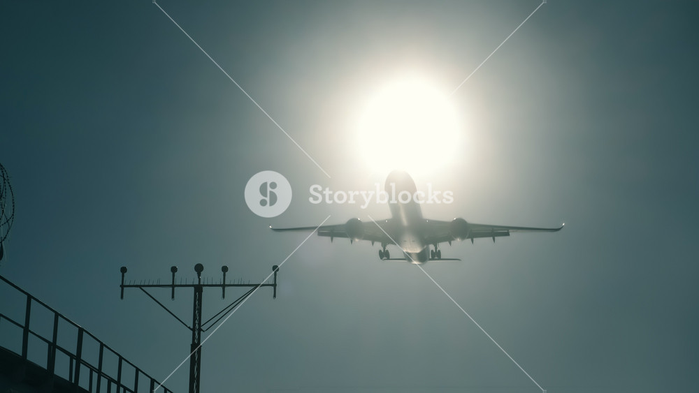 Passenger aircraft arriving and landing at international airport. Passenger aircraft fly over airport guiding lights.