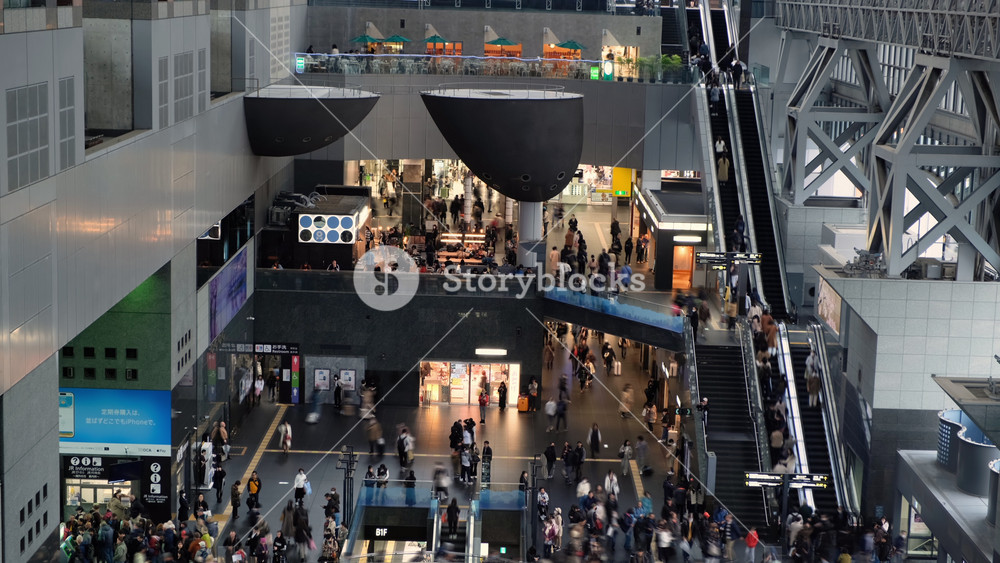 People walk around in the main Central Gate of Kyoto Station in Kyoto, Japan. Kyoto Station is Japan's second-largest station building.
