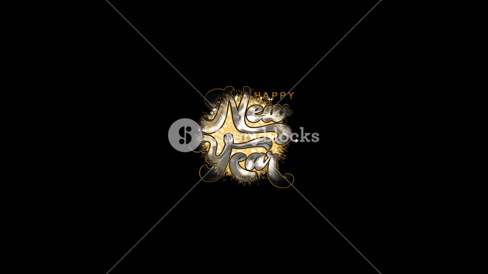 lettering Happy New Year on a silver color and gold rimmed with gold glitter fireworks ideal for holiday greeting cards social media posts party invitations and festive designs