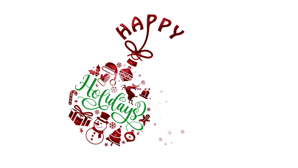 Red and green lettering animation with happy holidays and festive christmas winter ornaments Suitable for holiday greeting cards social media graphics and website banners