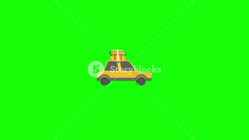 animated yellow car with roof luggage symbolizing road trips, travel, and vacation adventure in 3D with alpha channel