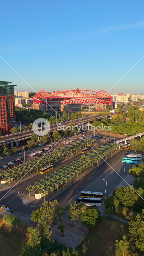 LISBON, PORTUGAL - JUNE 28, 2026: Estadio da Luz Benfica stadium, BNP Paribas office building, Colegio Militar transport bus terminal and