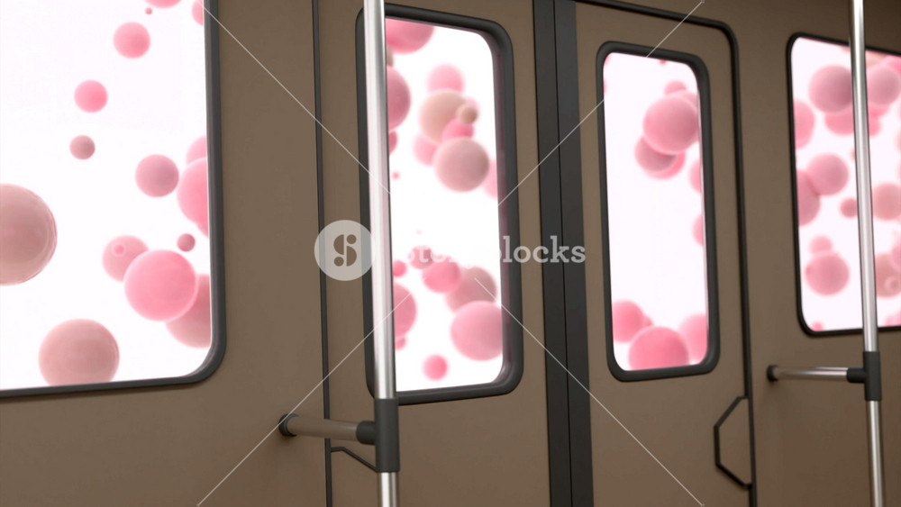 Surreal animation of balloons flying behind windows of public transport. View from the bus on windows with many pink air balloons.