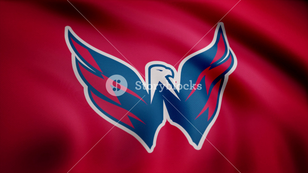 USA - NEW YORK, 12 August 2018: Waving flag with Washington Capitals NHL hockey team logo. Close-up of waving flag with Hockey Washington