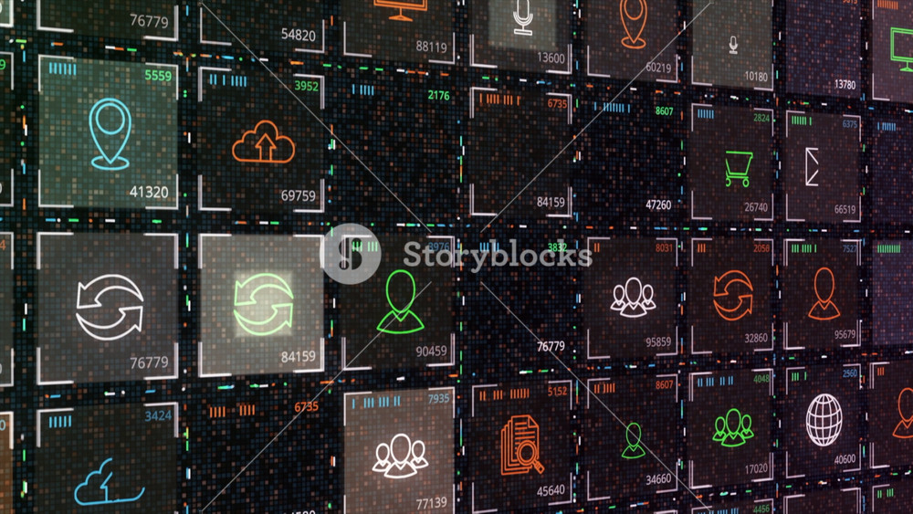 Abstract digital field of many symbols of the internet world in brown colors, seamless loop. Animation. Concept of addiction to social media