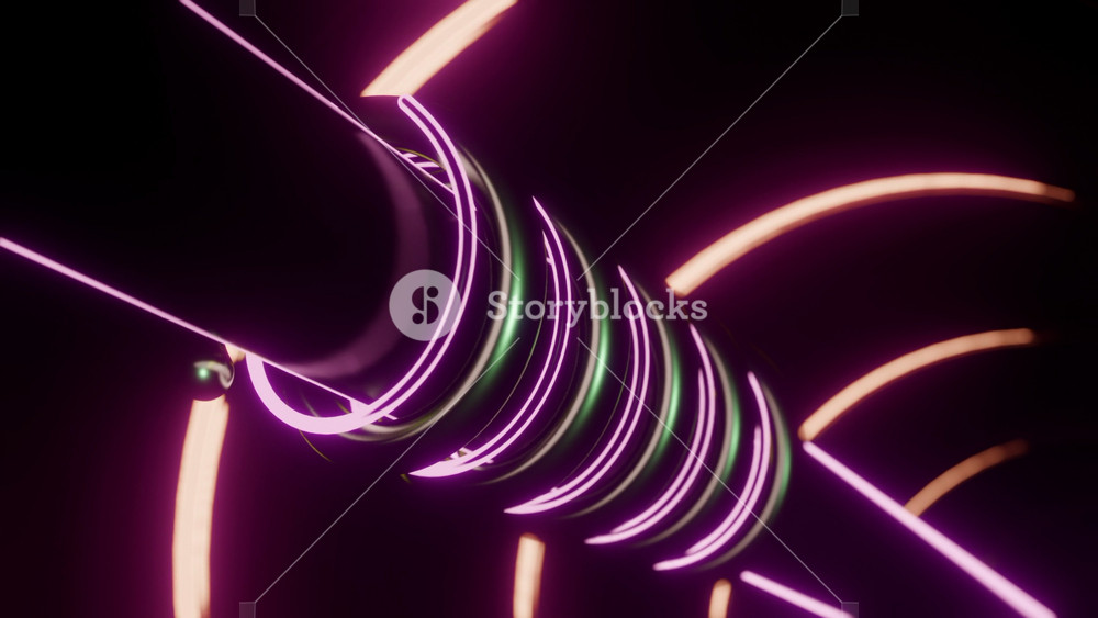Glowing lines rotate around pipe. Design. Metal tube with moving spirals of neon and metal tubes. Mechanical part with moving parts and