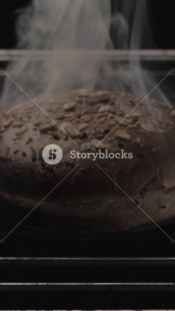 Close up of burnt bread inside the oven with metal bars on black background. Stock footage. Overbaked burger bun and raising smoke.