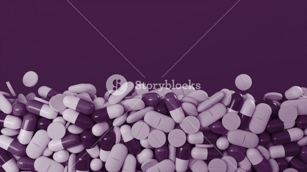 Huge number of lilac and white pills flying upwards on a dark purple background. Animation. Concept of health, pharmacology, and medicine.