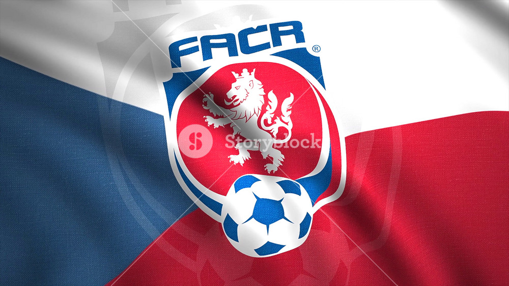 Flying flag with Czech Republic national football team logo, close up. Motion. Waving abstract blue, white, and red flag with the emblem of