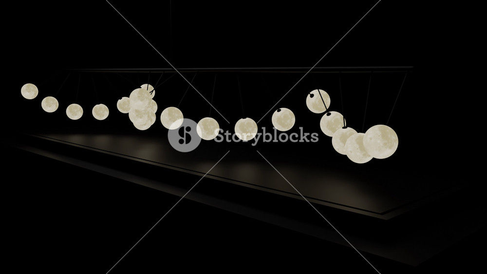 Balls on ropes move in wave. Design. Number of Newtonian balls are moving strangely in wave. Movement of wave of hanging 3d balls on black