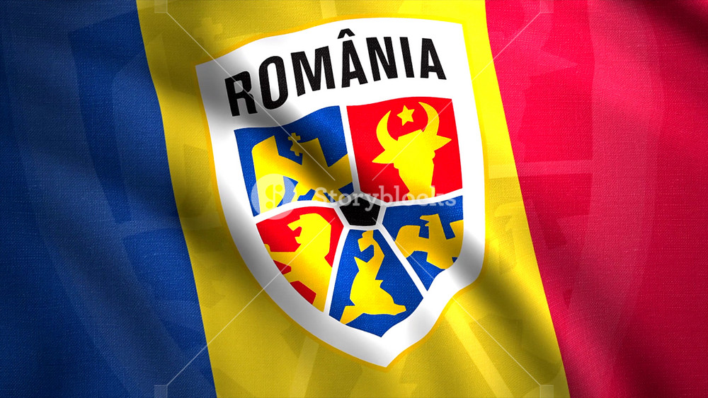 Flag of football team in championship. Motion. 3D animation of beautifully waving flag with logo of football team. Flag of Romanian national