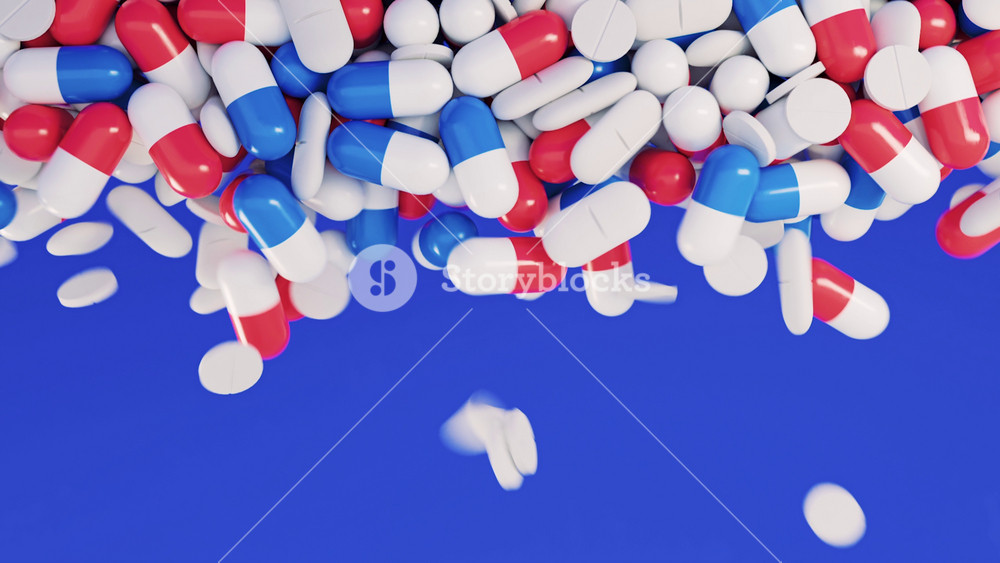 A wide variety of pills flying from bottom to top on blue background. Animation. Concept of medicine, health and pharmacology.