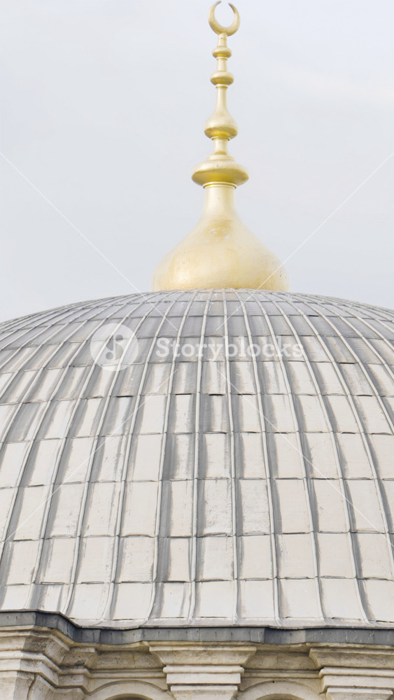 White dome of Muslim temple. Action. Close-up of beautiful white dome of temple in Turkey. Muslim faith and temples