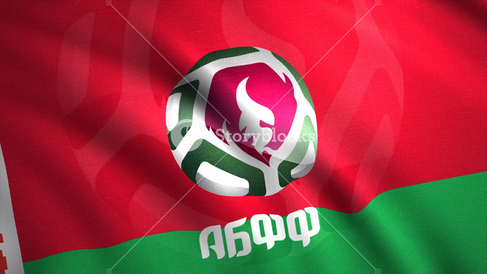 Wavy cloth background of the Belarusian football federation. Motion. Green and red rippling flag with the ball emblem, seamless loop. For