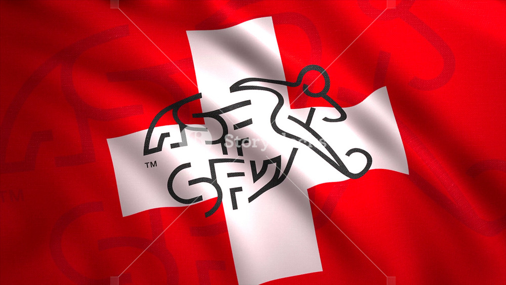 Animation of waving flag of football team. Motion. Beautiful display of fluttering football flag. Flag of Switzerland with emblem of