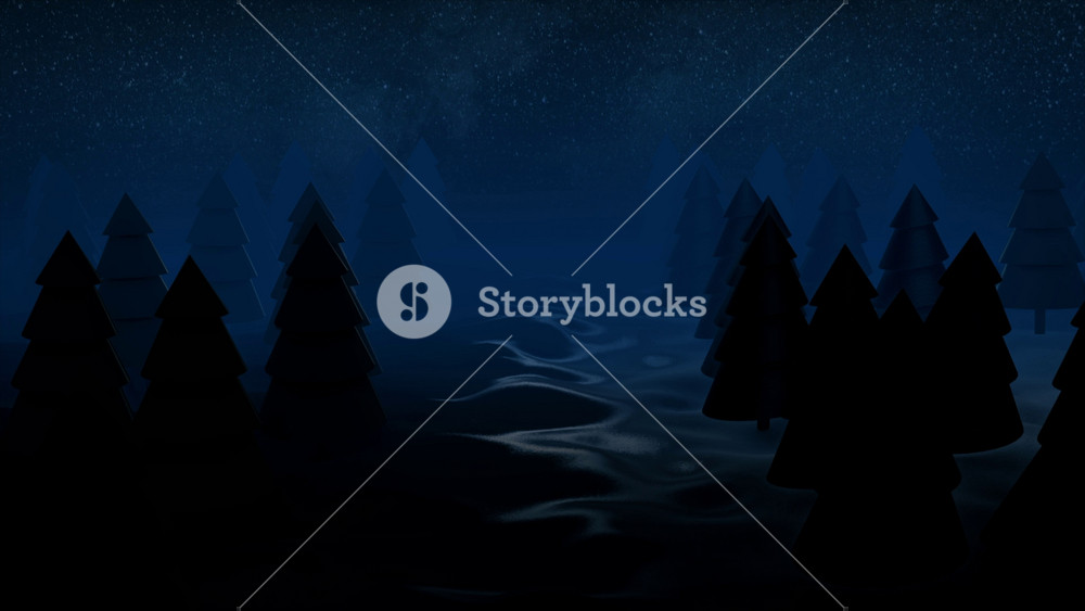 Abstract animation of appearing dark silloughettes of coniferous trees against the night sky and billions of shining stars. Animation