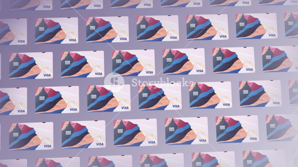 Abstract stack of Visa credit and debit cards on colorful background. Motion. Rows of bank cards illustrating new design, concept of money