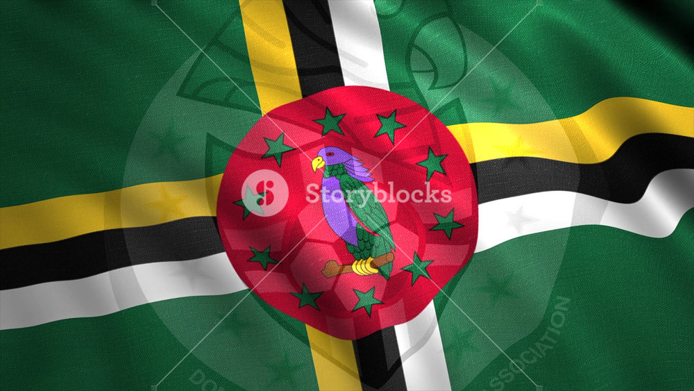 Flag of Dominica with crossed lines and a parrot bird inside a red circle with green stars. Motion. Colorful national waving abstract flag