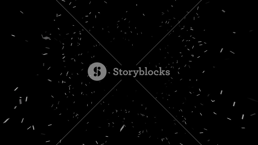 Moving stream of particles on black background. Animation. Slow tunnel stream is moving out of darkness. Rare confetti moves in tunnel