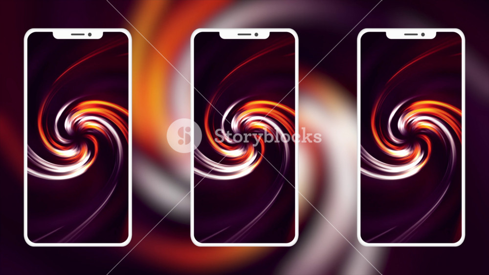 Background with multiple phones. Motion. Bright moving screensavers on screens of new phones. Advertising animation with new phones and