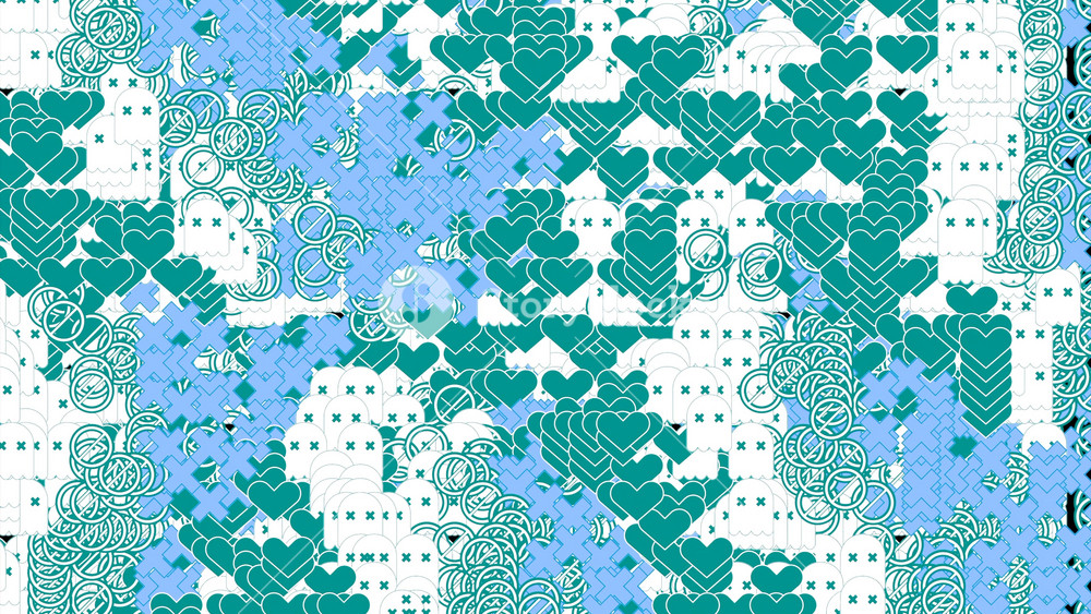 Background of many moving icons. Design. Roundels, crosses and hearts move in background. Background of many repeating and moving icons