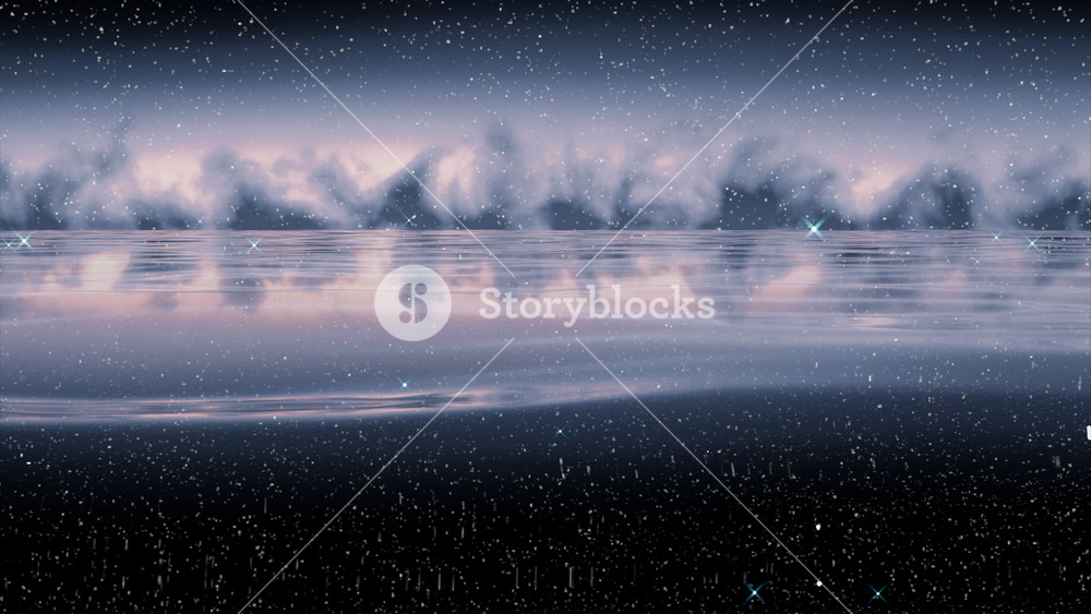 3D landscape of sea and starry sky. Design. Beautiful landscape of sea and cloudy horizon with starry sky. 3D stars jump over water with