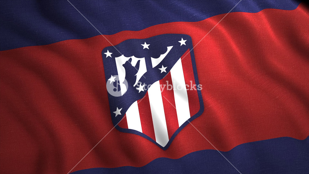 Flags with emblems of football clubs. Motion. Spanish football club Atletico Madrid. Background of waving 3d flag with fc logo