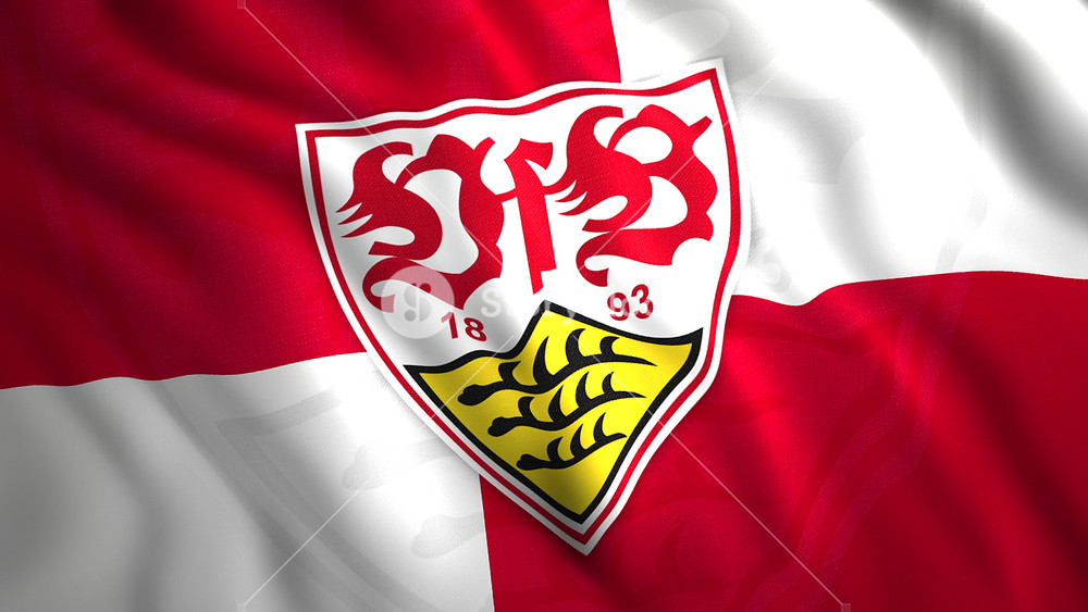 VfB Stuttgart German sports club flag of red and white colors, seamless loop. Motion. Football club bright flag. For editorial use only.