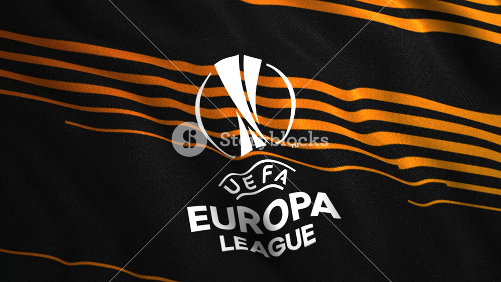 Close up of The UEFA Europa League UEL flag. Motion. Emblem of a football club, rippling cloth, seamless loop. For editorial use only.