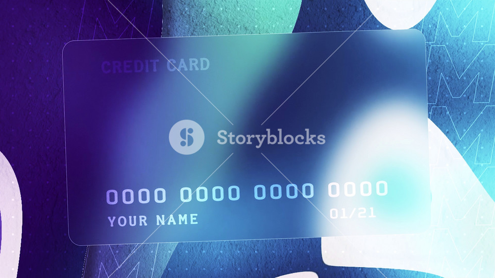 Abstract design of a new bank credit card on the background of blue flowing shapes. Motion. Concept of commerce and payment.