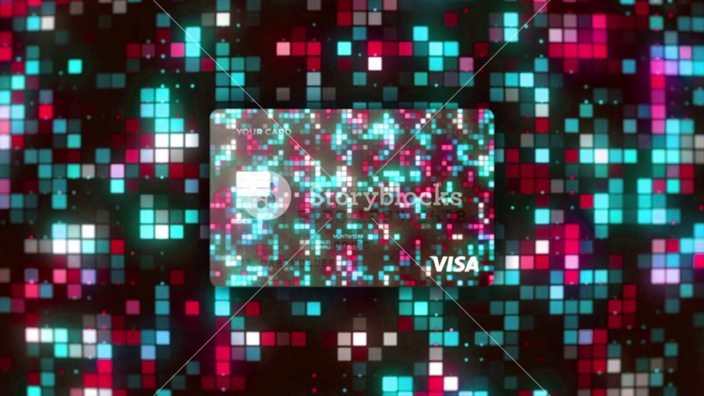 Abstract blinking mosaic pattern of new bank credit cards. Motion. Concept of online payment, money, and bank system.