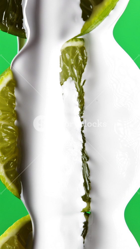 Close up of lime fruits being covered by toxic white liquid paint isolated on a green chroma key background. Stock clip. Concept of ecology