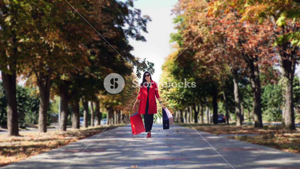 Elegant woman walking through city alley with bright shopping bags. Concept of shopping, gifts and quality courier delivery.