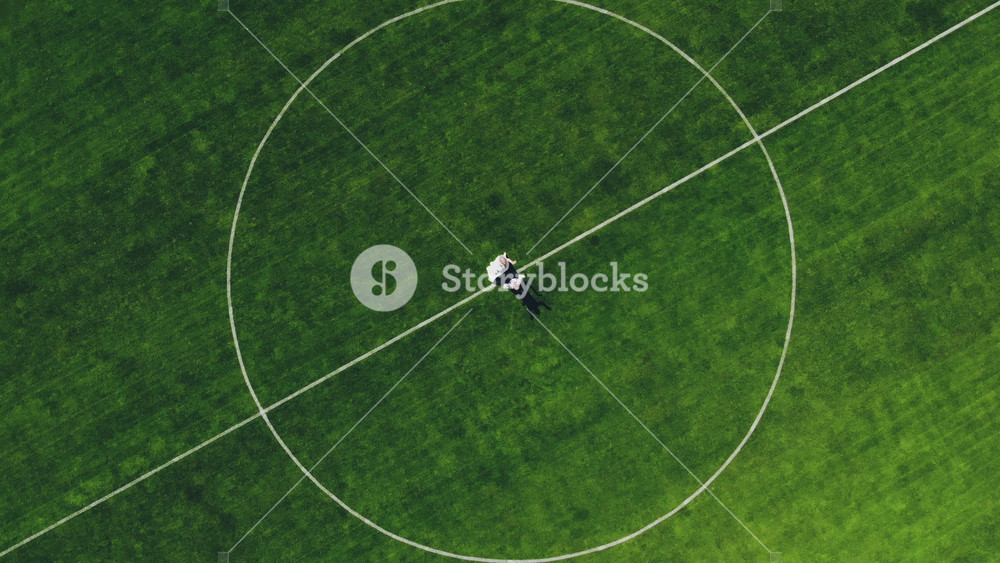 Newlyweds dancing and spinning in center of green football stadium field. Aerial top view of couple celebrating marriage on sports ground.