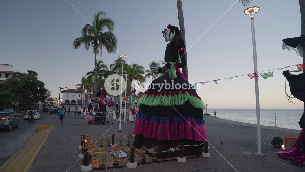 Puerto Vallarta, Mexico - November 1, 2024: Display of La Calavera Catrina at The Malecon Malecón Boardwalk during Day of the Dead Día de Muertos