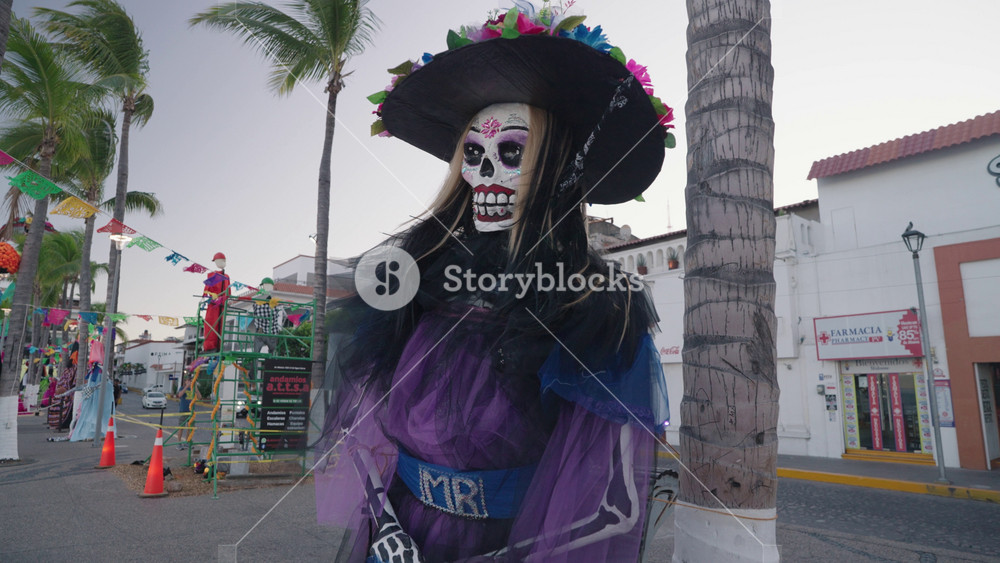 Puerto Vallarta, Mexico - November 1, 2024: Display of La Calavera Catrina at The Malecon Malecón Boardwalk during Day of the Dead Día de Muertos