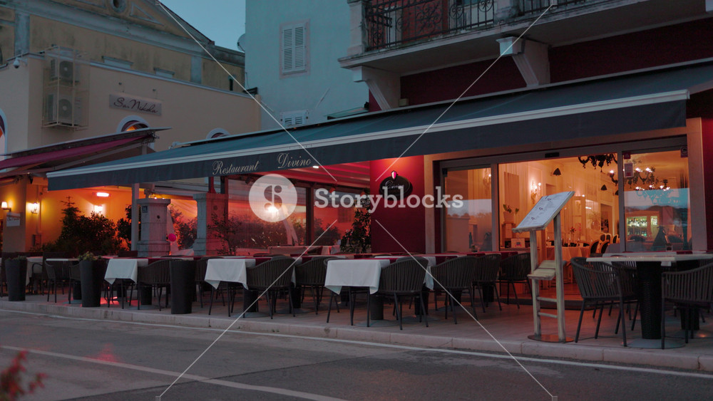 Close up empty terrace streets showing architectural landmark old city. Light evening. Travel street urban traditional sidewalk outdoor