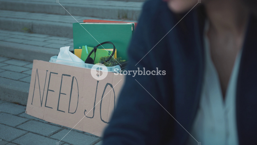 In need of new job. Job search banner. Young upset woman worrying about unemployment sitting on stairs outside. Financial crisis. No work