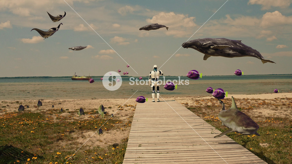 Future World Nature. Futuristic Scene of AI Prototype Cyborg White Robot Walking on Seaside. Sea Fauna - Whales, Sharks and Fishes Swimming