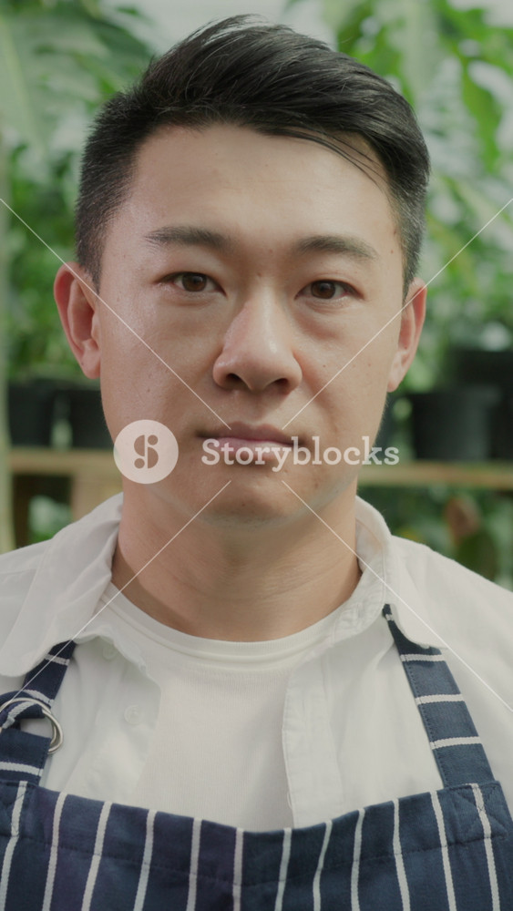 Indoor portrait of handsome cheerful young asian farmer wearing striped black apron and working in greenhouse. Hothouse farming. Eco