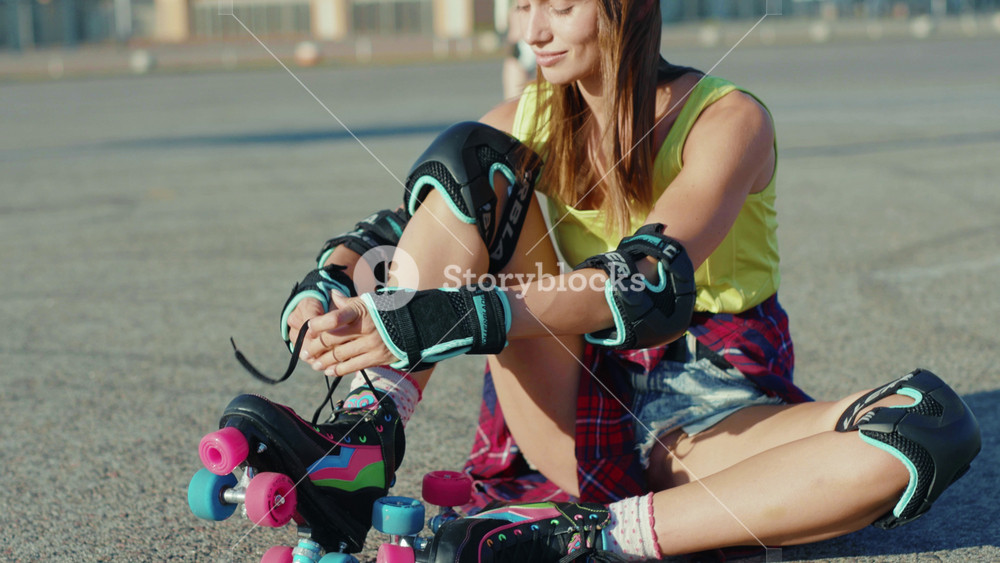 NEW YORK - April 5, 2020: Pretty girl sitting on ground and putting roller skates smiling. Feel happy. Street in summertime legs