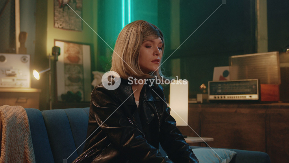 Shot of frustrated sad young woman in blonde wig sitting on sofa in modern cozy living room at night. Disappointed tired girl trying to calm