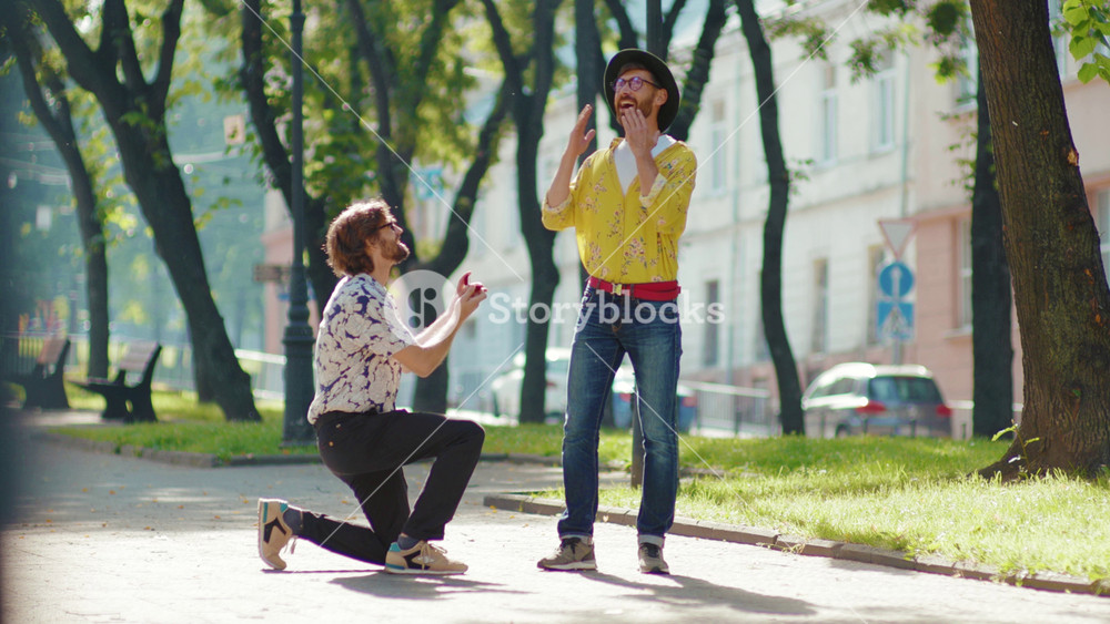 Boyfriend stay on one knee and gifts wedding ring to man gay happy engagement cheerful friend fiance closeup home boy sofa, jewelry lgbt