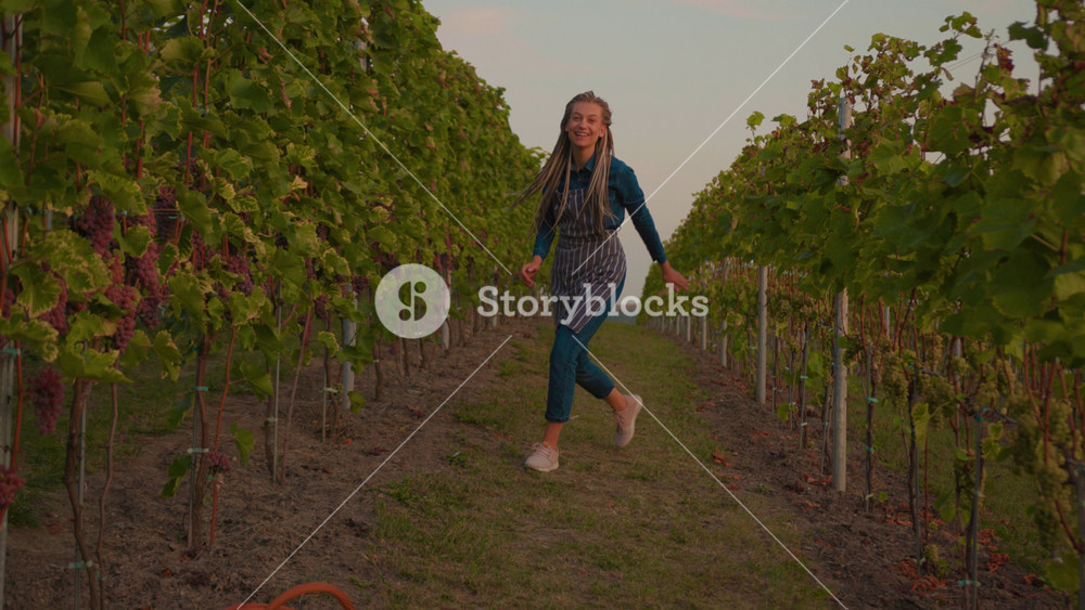 Happy young farmer woman walk jump dance on the vineyard smiling lovely sunny autumn day agriculture farm industry vine field food fresh